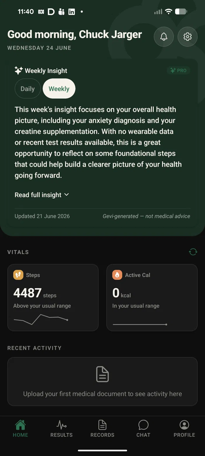 Gevi app home screen: weekly insight, vitals and recent activity